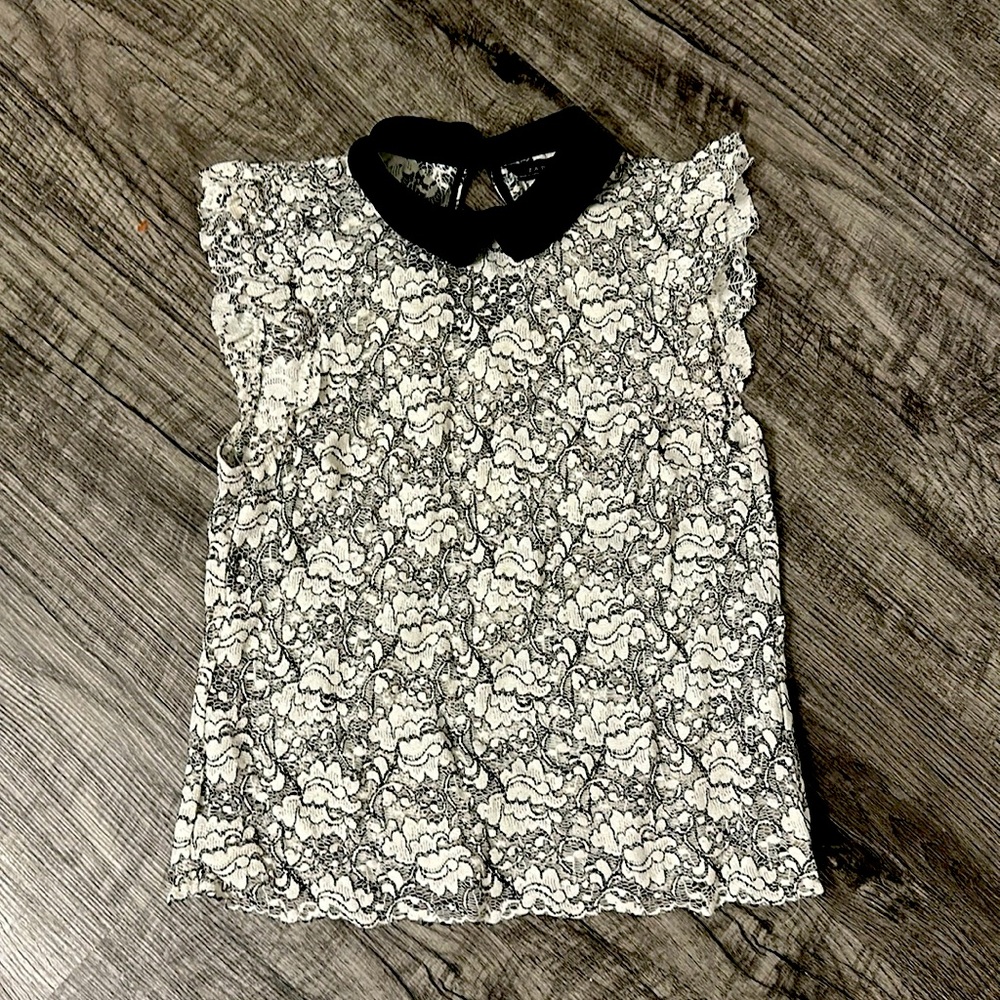 Zara - sheer, black and white lace top with collar. Size S.